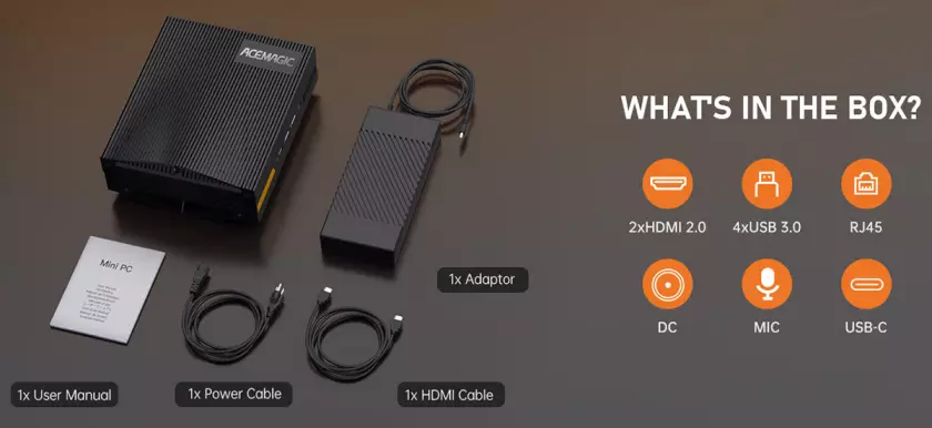 ACEMAGIC AD15 迷你電腦 包裝盒內內容。
