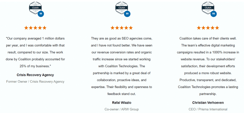 Ein Screenshot von Testimonials für Coalition Technologies