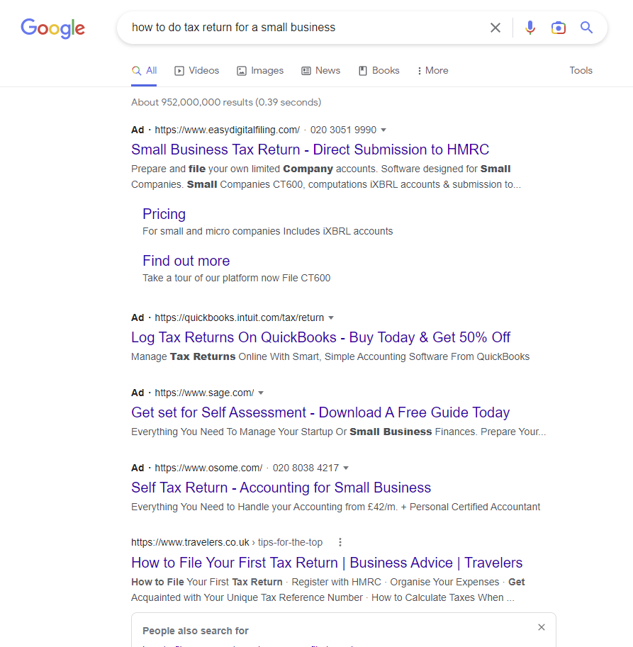 Скриншот поиска в Google по запросу «как подать налоговую декларацию для малого бизнеса»