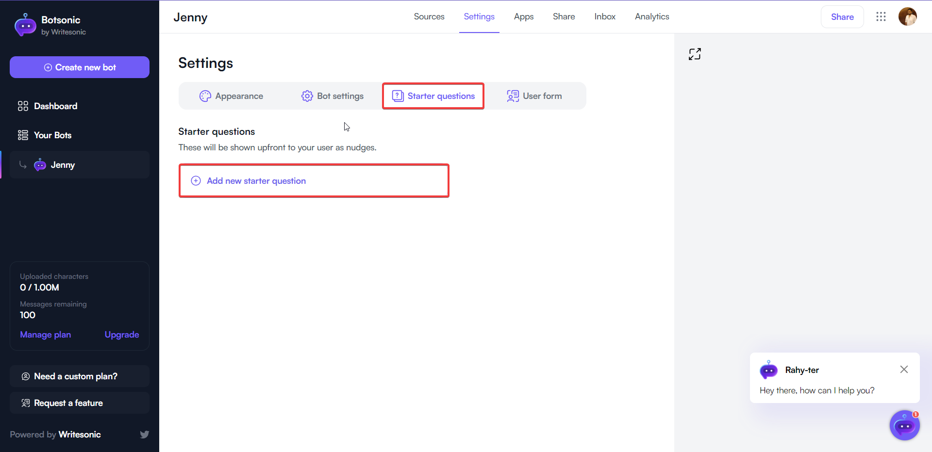 Aggiungi la domanda iniziale su Botsonic - WhatsApp Chatbot
