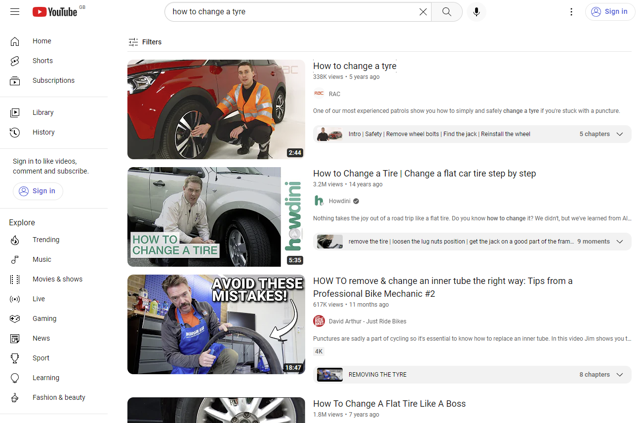 YouTubeの検索結果の例