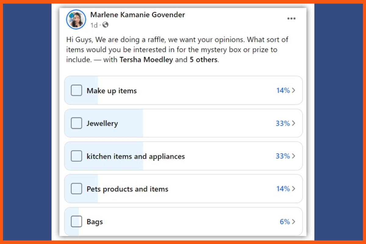 Exemplo de enquete do Facebook em páginas comerciais