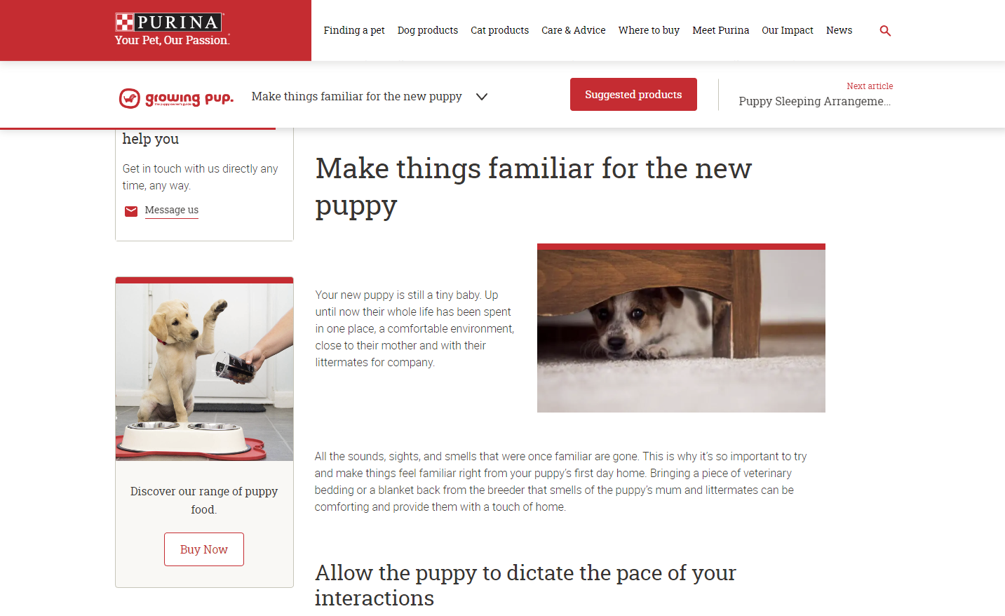 Captura de tela de um blog da Purina com um CTA no lado esquerdo