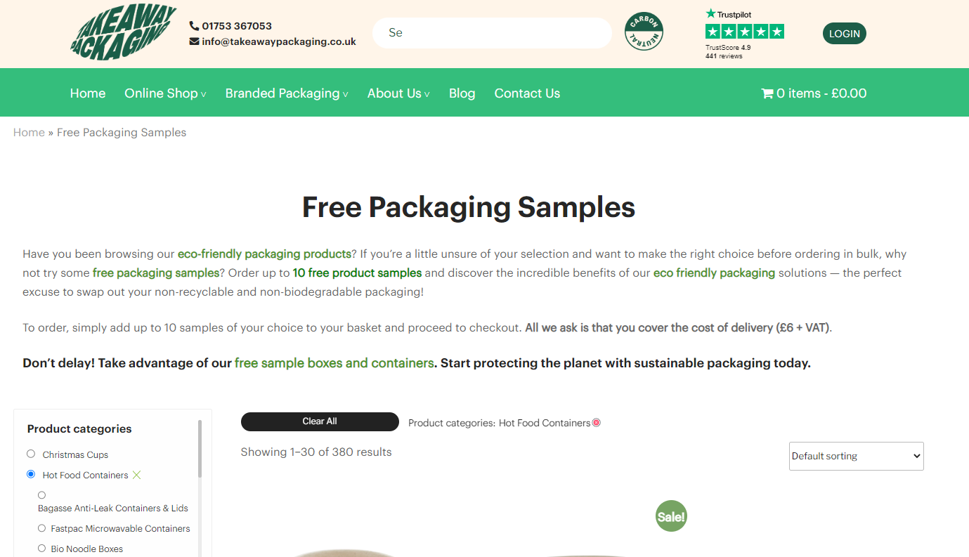 Takeaway Packaging web sitesindeki ücretsiz örneklerin ekran görüntüsü