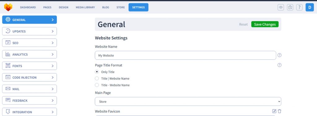 MotoCMS Admin-Panel – Abschnittseinstellungen