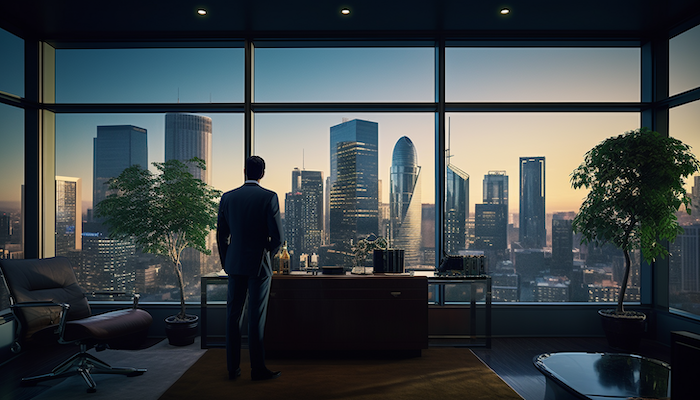 Illustrationen eines Unternehmers, der über eine Stadt blickt und über sein Unternehmen nachdenkt