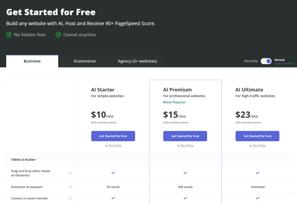 Planuri de prețuri 10Web AI Builder