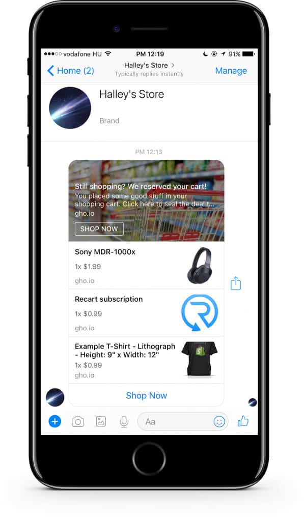 Exemplo de campanha de abandono de carrinho do Facebook Messenger