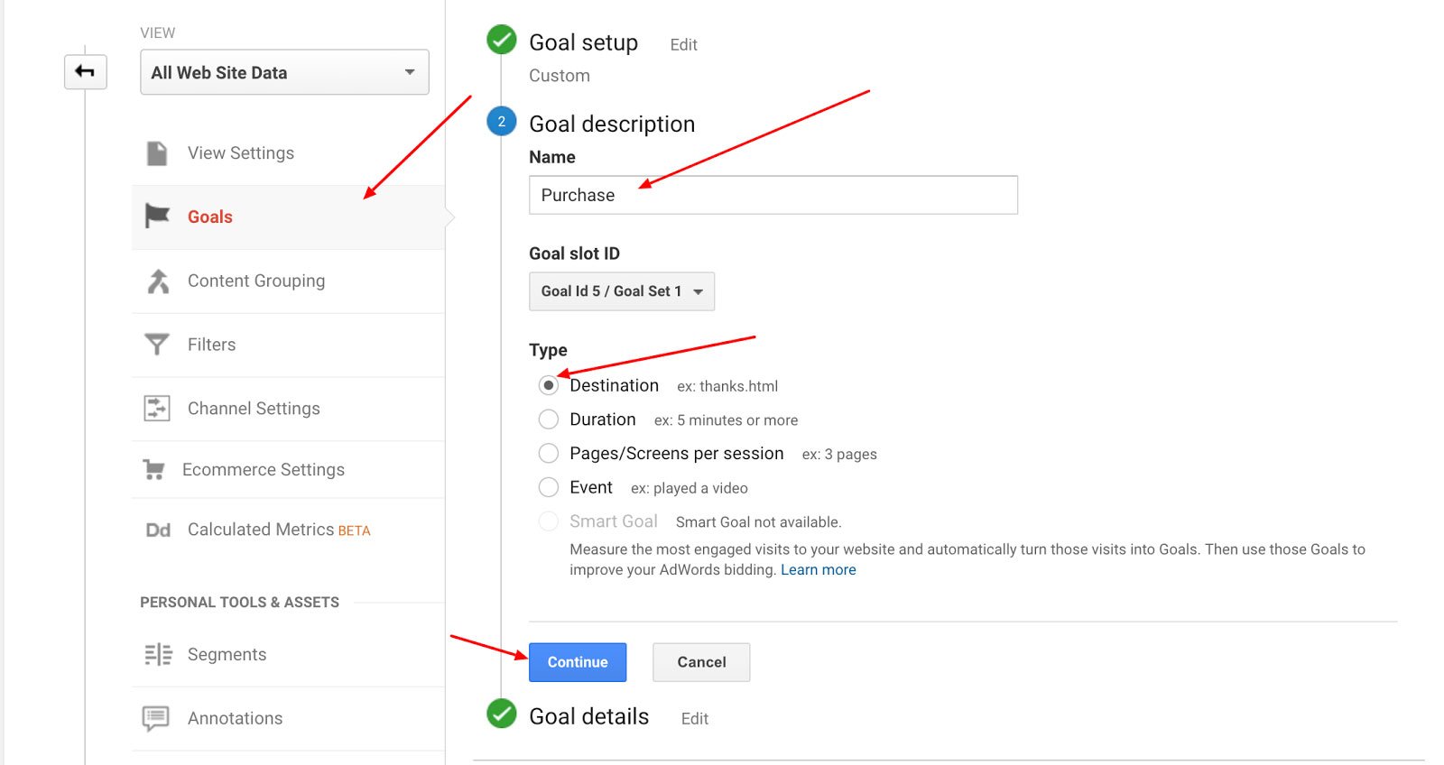 Configurați obiectivele și canalele în Google Analytics