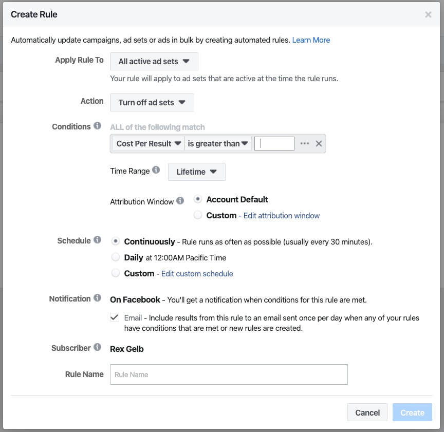 Regras de automação de anúncios do Facebook