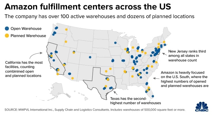 Ubicaciones de los almacenes de logística de Amazon