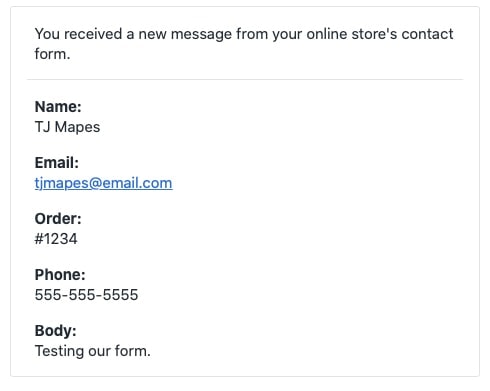 Email de teste do formulário de contato do Shopify