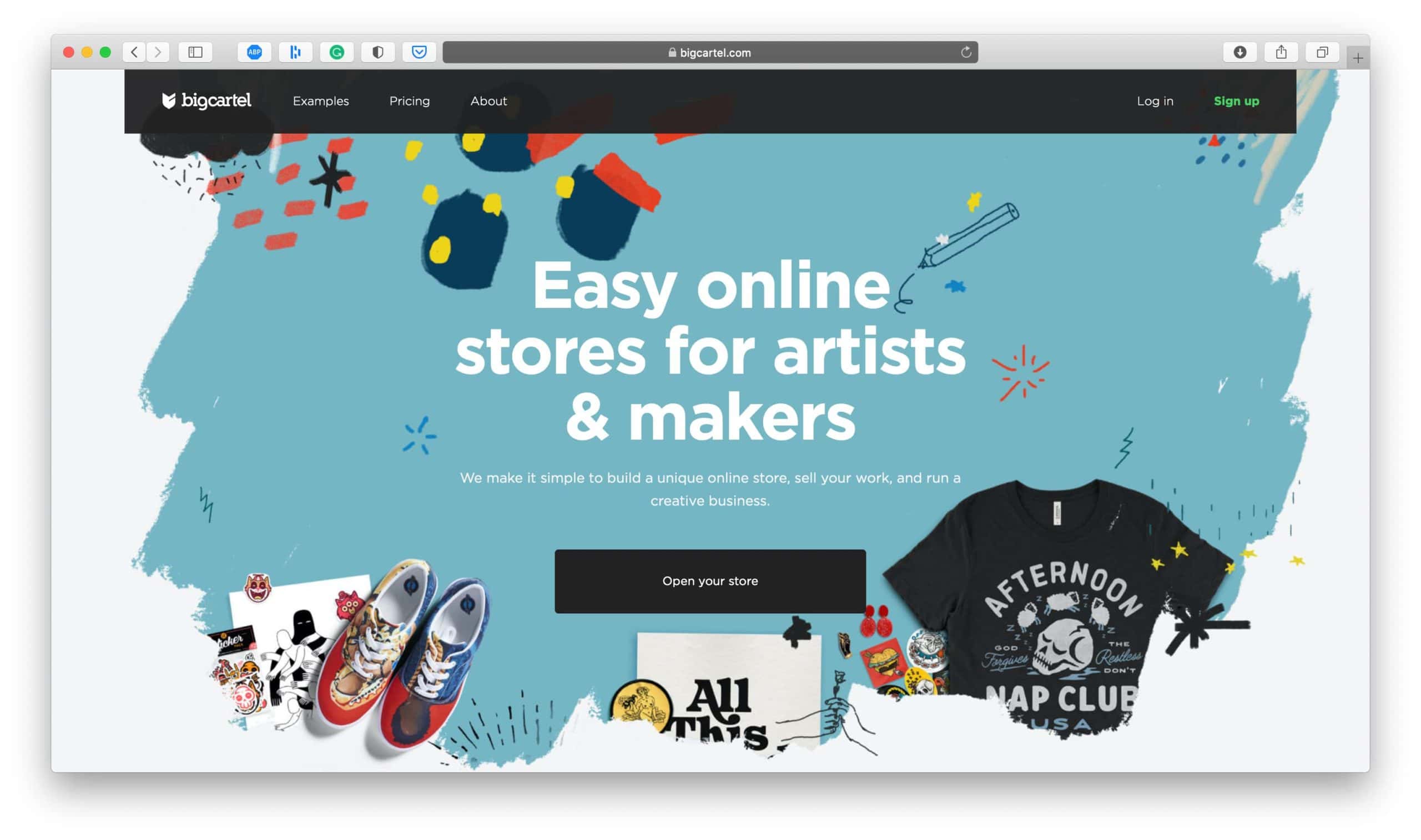 Page d'accueil de la plateforme de commerce électronique BigCartel