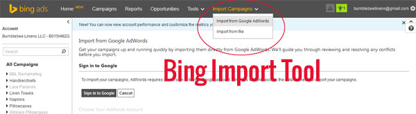 Outil d'importation Bing Adwords