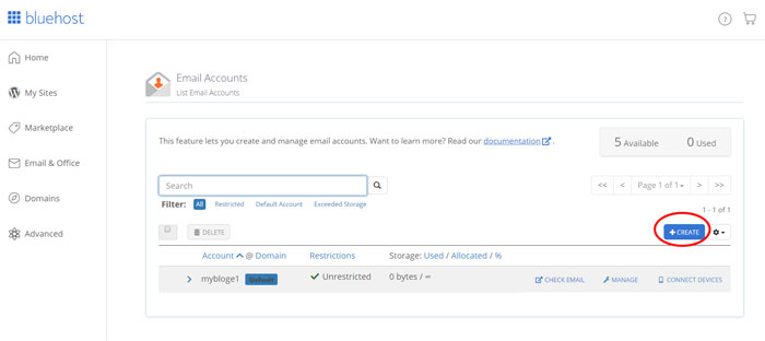 Crea e-mail Bluehost