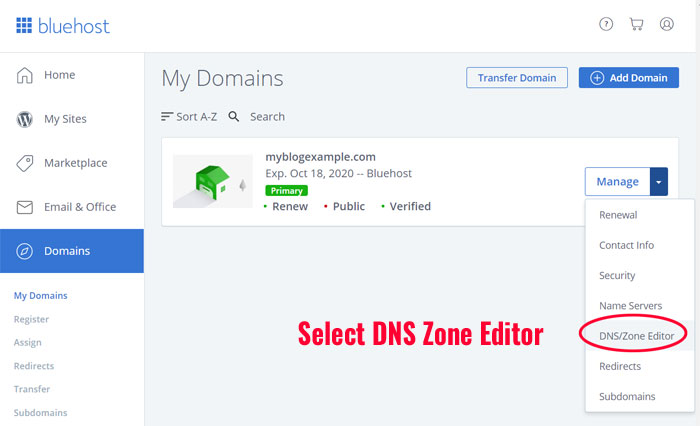 Editor di zona Bluehost