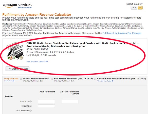Calculadora de tarifas de Logística de Amazon