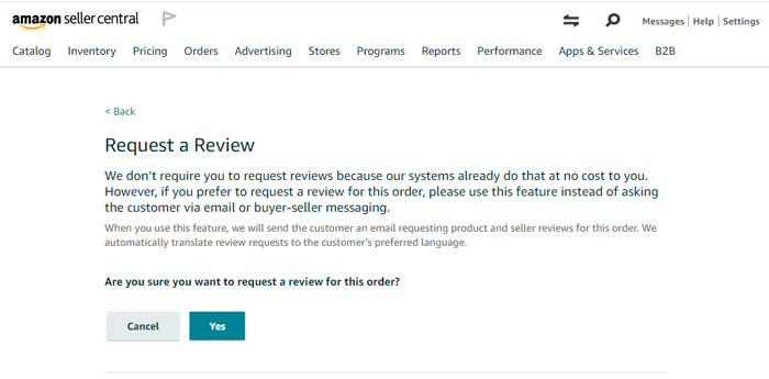 Cuadro de diálogo de solicitud de revisión de Amazon